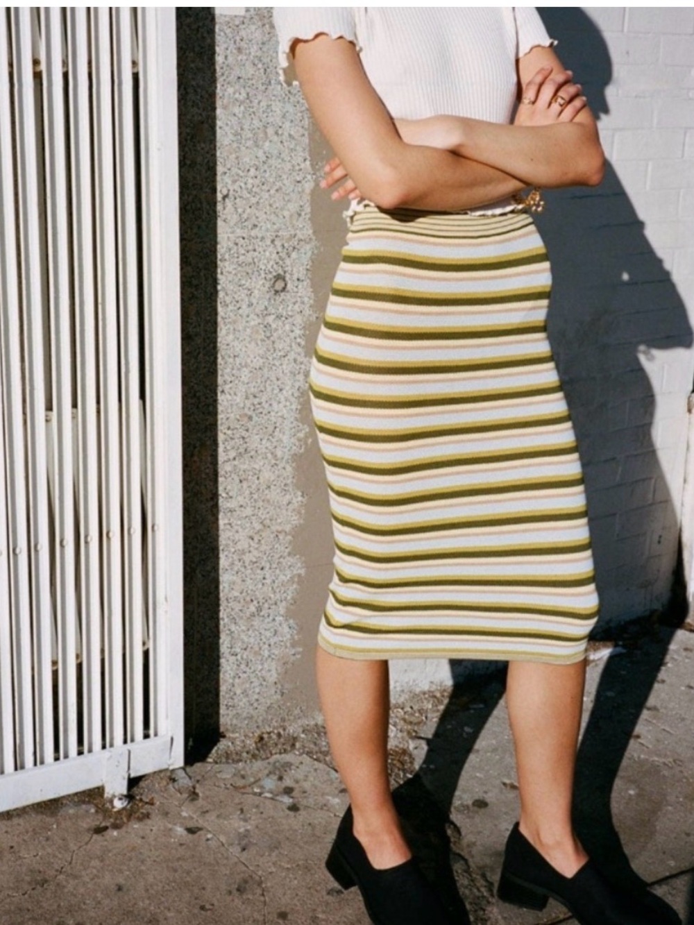Lisa Says Gah Britt Skirt Olive, Cream & Yellow Striped Pencil Skirt